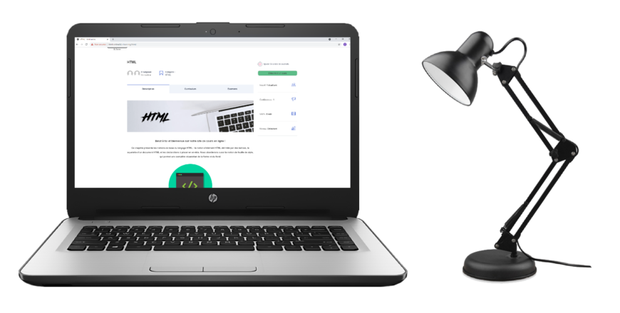 Image montrant un écran d'ordinateur avec un cours HTML et à droite une lampe