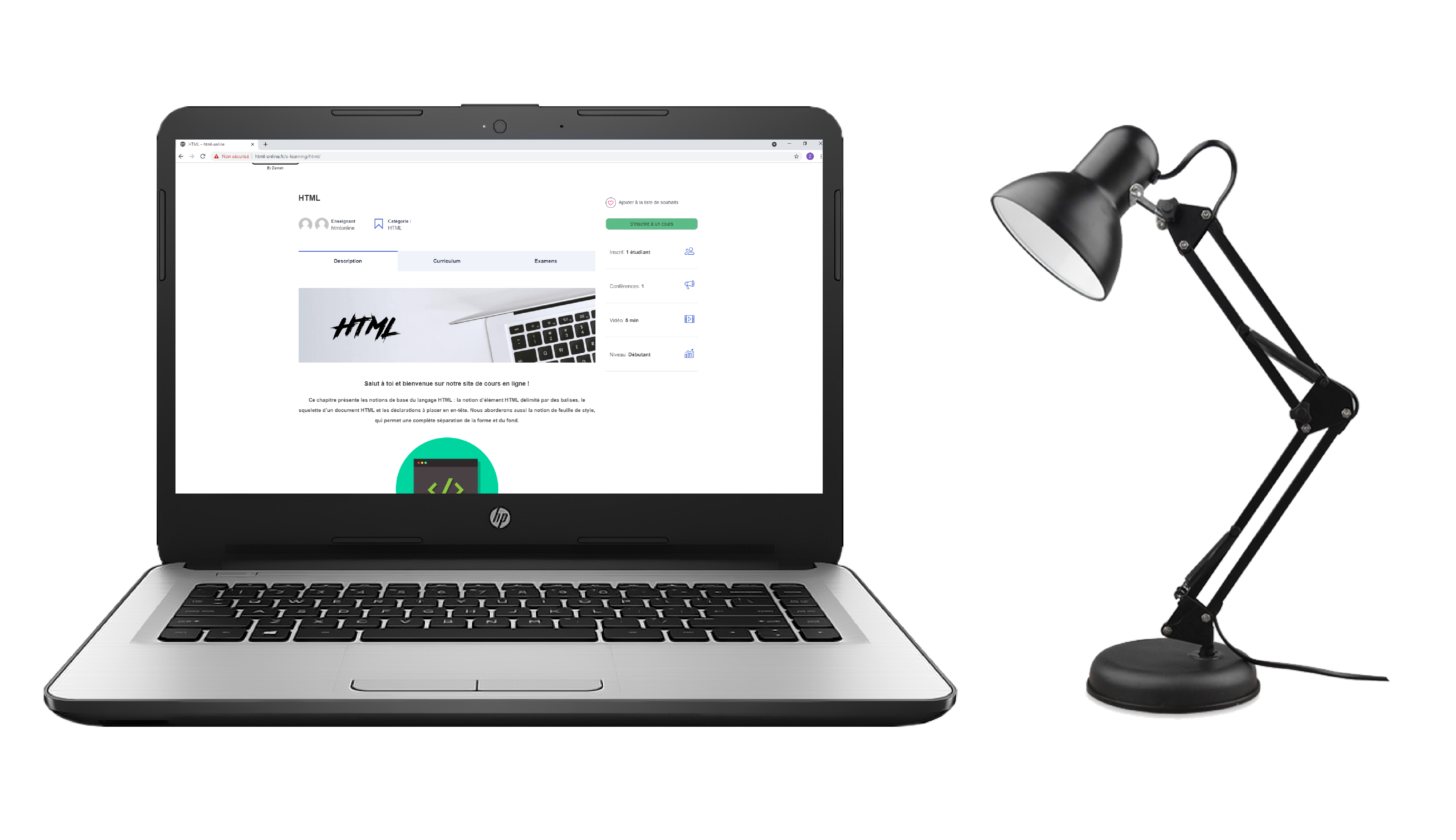Image montrant un écran d'ordinateur avec un cours HTML et à droite une lampe