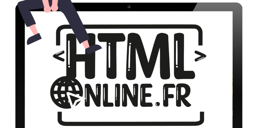 illustration d'une femme assis sur le bord, en haut a gauche d'un écran d'ordinateur qui affiche le logo HTML-Online.fr