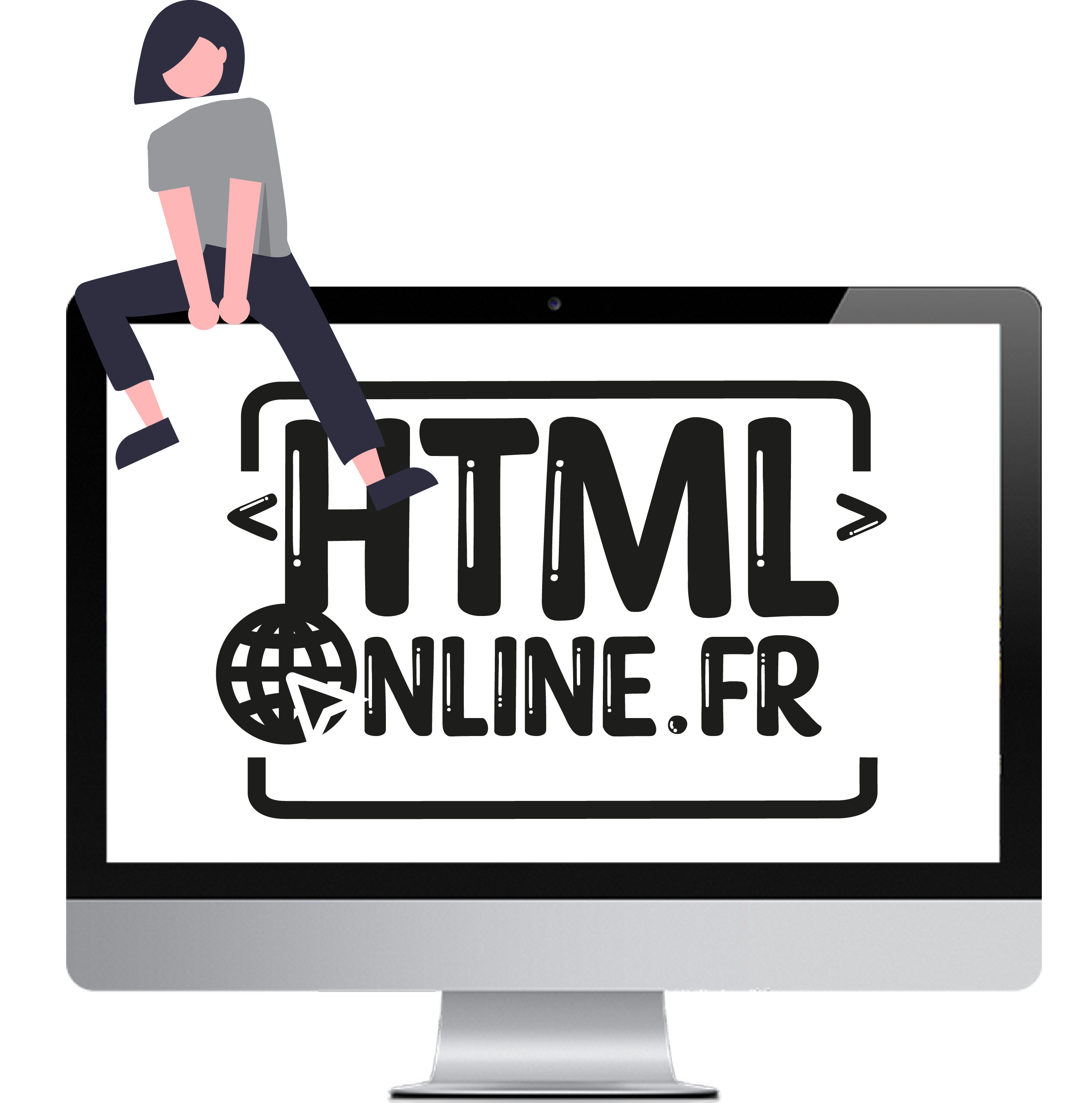 illustration d'une femme assis sur le bord, en haut a gauche d'un écran d'ordinateur qui affiche le logo HTML-Online.fr