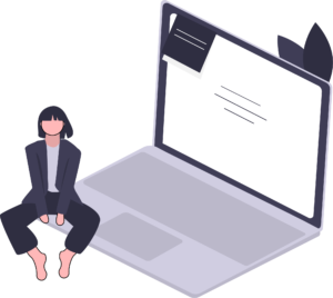 Illustration d'une femme assis en bas à gauche d'un PC portable