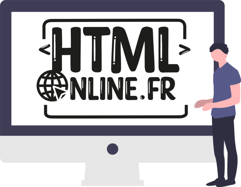 Illustration d'un homme à droite de l'écran avec un PC fixe qui affiche le logo HTML-Online.fr
